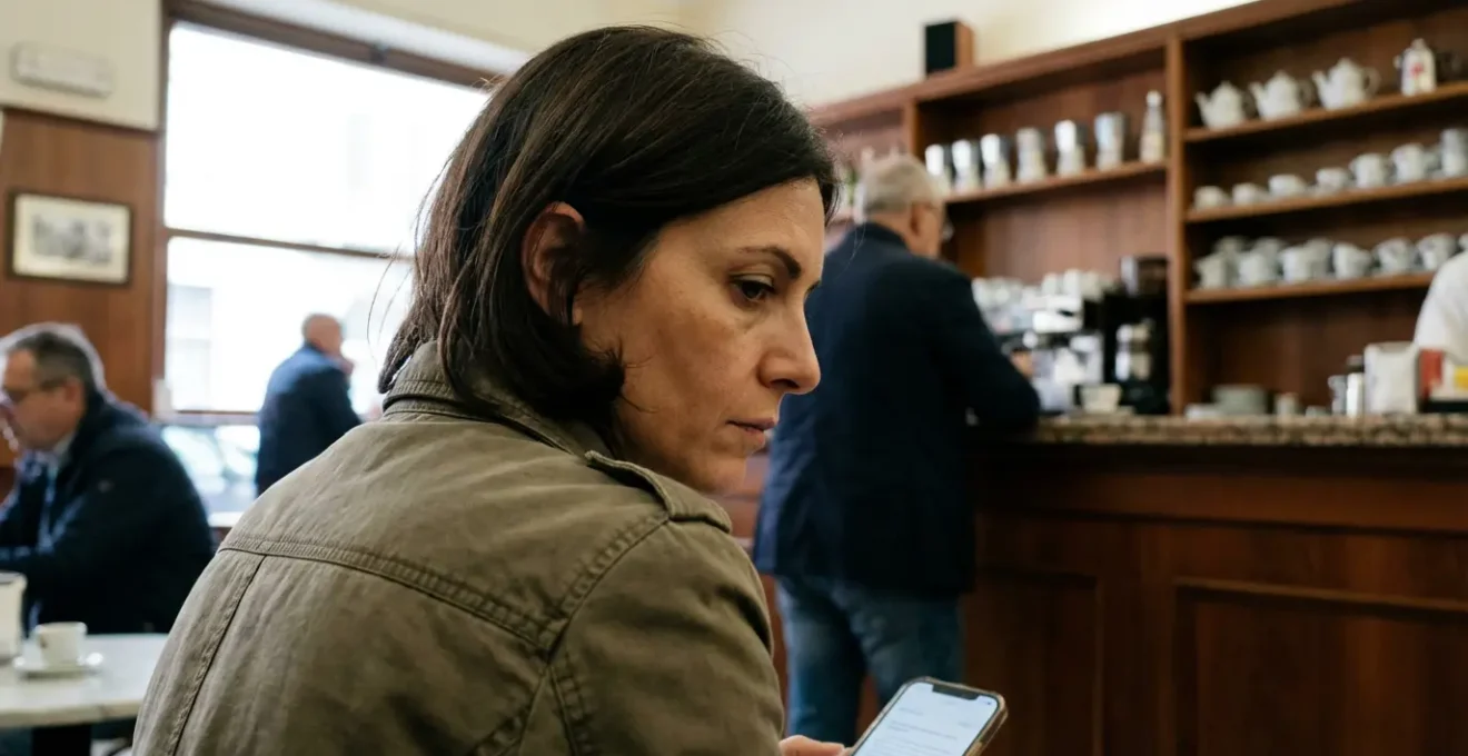 Persona consulta dati agenzie immobiliari Milano su smartphone in caffè