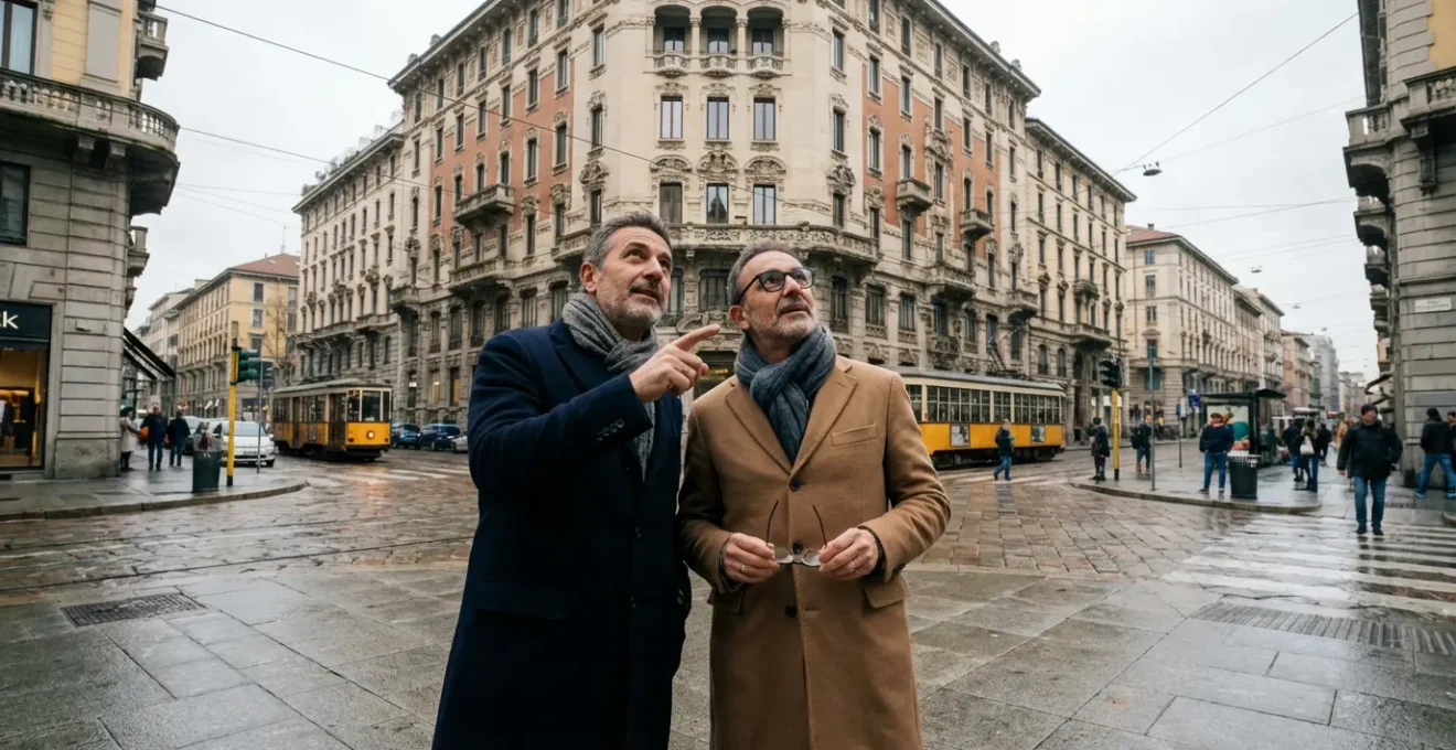 Coppia italiana valuta edificio residenziale Milano per scelta agenzia immobiliare