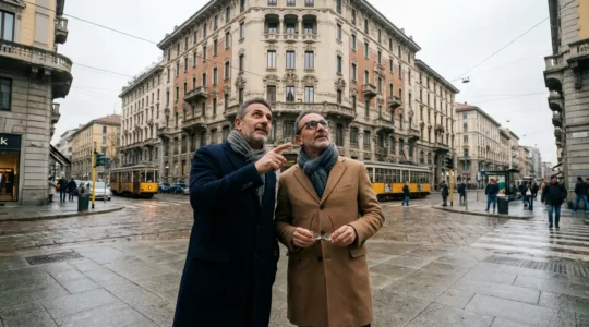 Coppia italiana valuta edificio residenziale Milano per scelta agenzia immobiliare