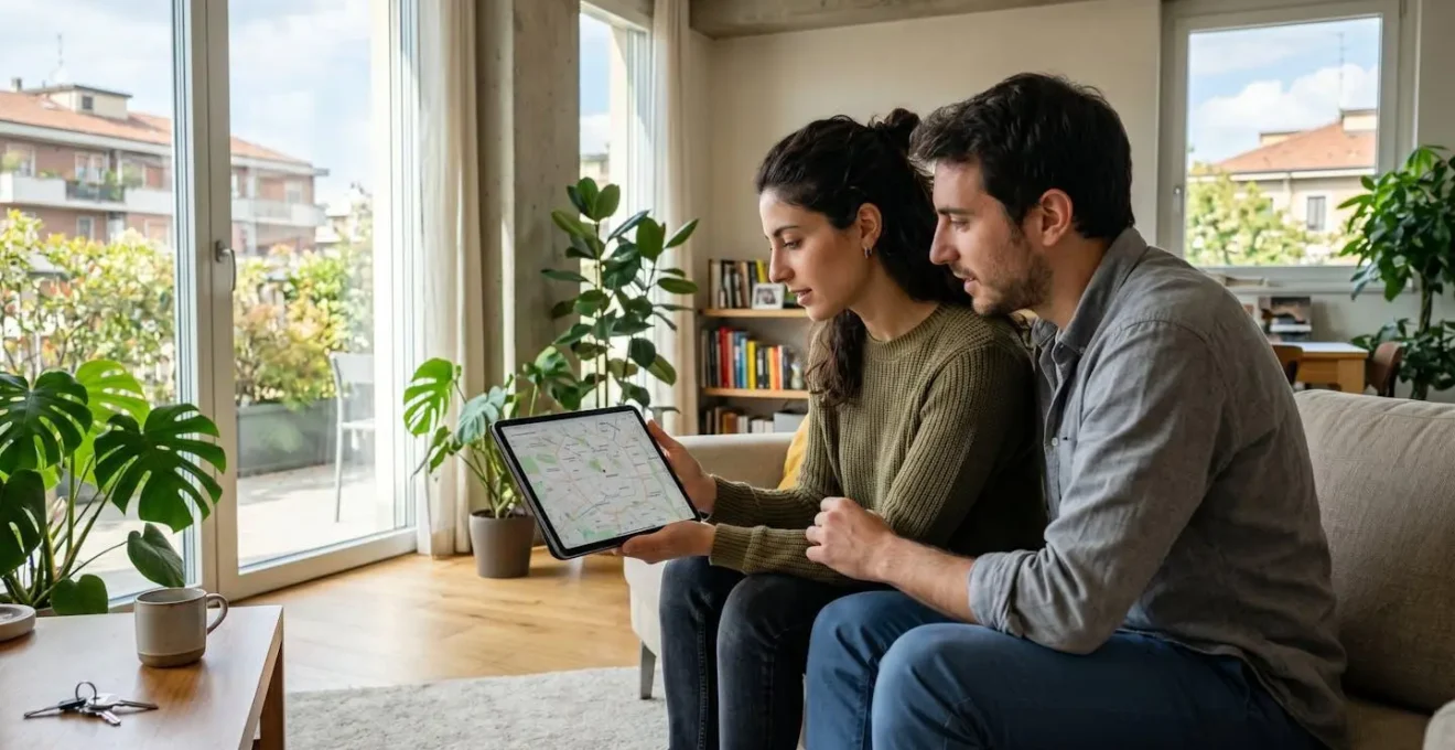 Due persone viste di profilo che osservano insieme una mappa di quartiere su tablet in un luminoso soggiorno milanese