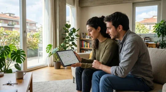 Due persone viste di profilo che osservano insieme una mappa di quartiere su tablet in un luminoso soggiorno milanese
