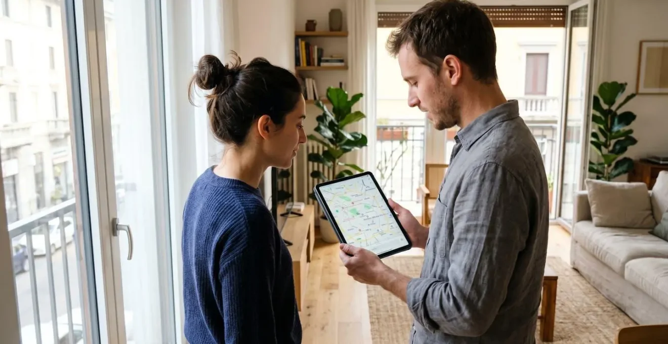 Due persone viste di profilo che osservano insieme una mappa di quartiere su tablet in un luminoso soggiorno milanese