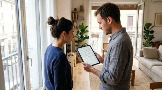 Due persone viste di profilo che osservano insieme una mappa di quartiere su tablet in un luminoso soggiorno milanese