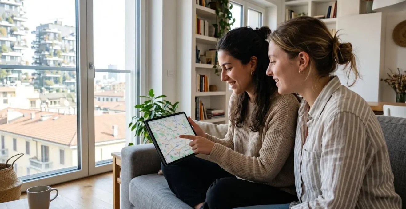Due persone viste di profilo che osservano insieme una mappa di quartiere su tablet in un luminoso soggiorno milanese