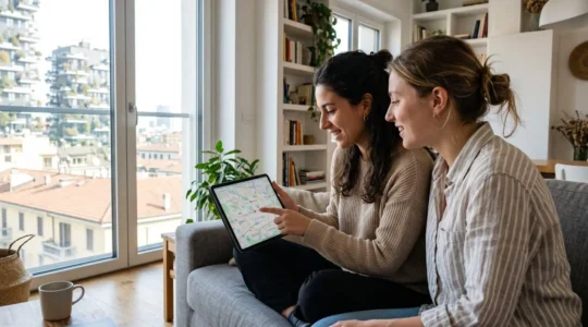 Due persone viste di profilo che osservano insieme una mappa di quartiere su tablet in un luminoso soggiorno milanese