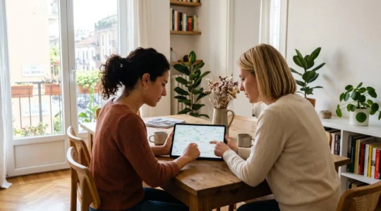 Due persone viste di profilo che osservano insieme una mappa di quartiere su tablet in un luminoso soggiorno milanese