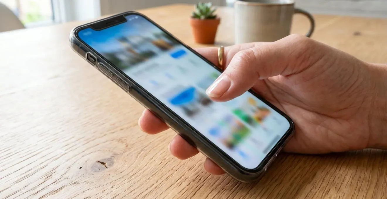 Primo piano di una mano che tiene uno smartphone mostrando un'interfaccia app immobiliare con lo schermo completamente sfocato su un tavolo in legno chiaro
