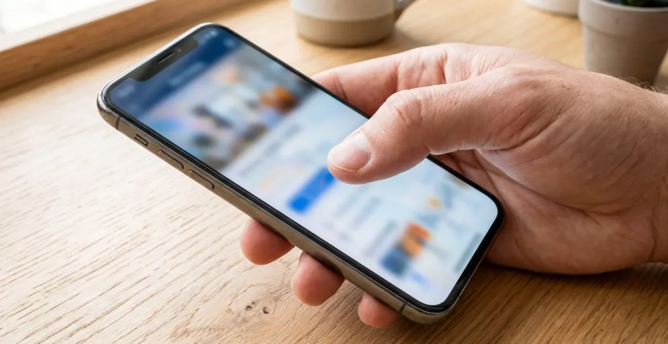 Primo piano di una mano che tiene uno smartphone mostrando un'interfaccia app immobiliare con lo schermo completamente sfocato su un tavolo in legno chiaro