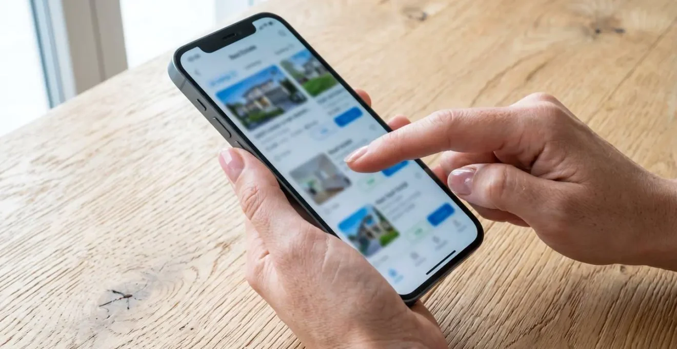 Primo piano di una mano che tiene uno smartphone mostrando un'interfaccia app immobiliare con lo schermo completamente sfocato su un tavolo in legno chiaro