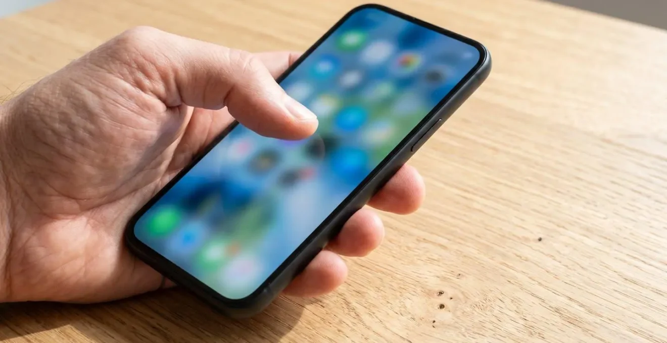 Primo piano di una mano che tiene uno smartphone mostrando un'interfaccia app immobiliare con lo schermo completamente sfocato su un tavolo in legno chiaro