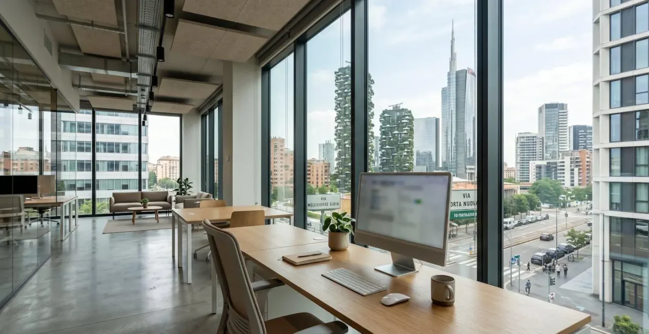 Veduta ampia di un ufficio moderno luminoso a Milano con scrivania, monitor e grande finestra che mostra lo skyline di Porta Nuova