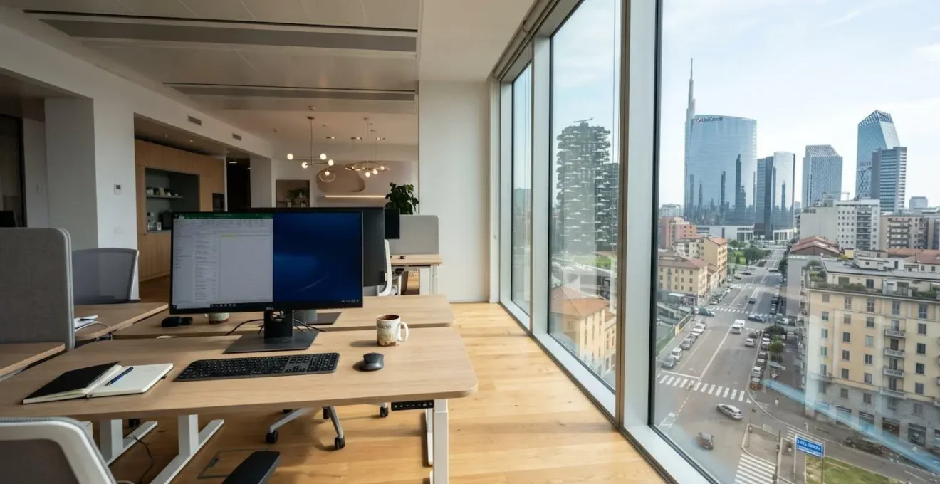 Veduta ampia di un ufficio moderno luminoso a Milano con scrivania, monitor e grande finestra che mostra lo skyline di Porta Nuova