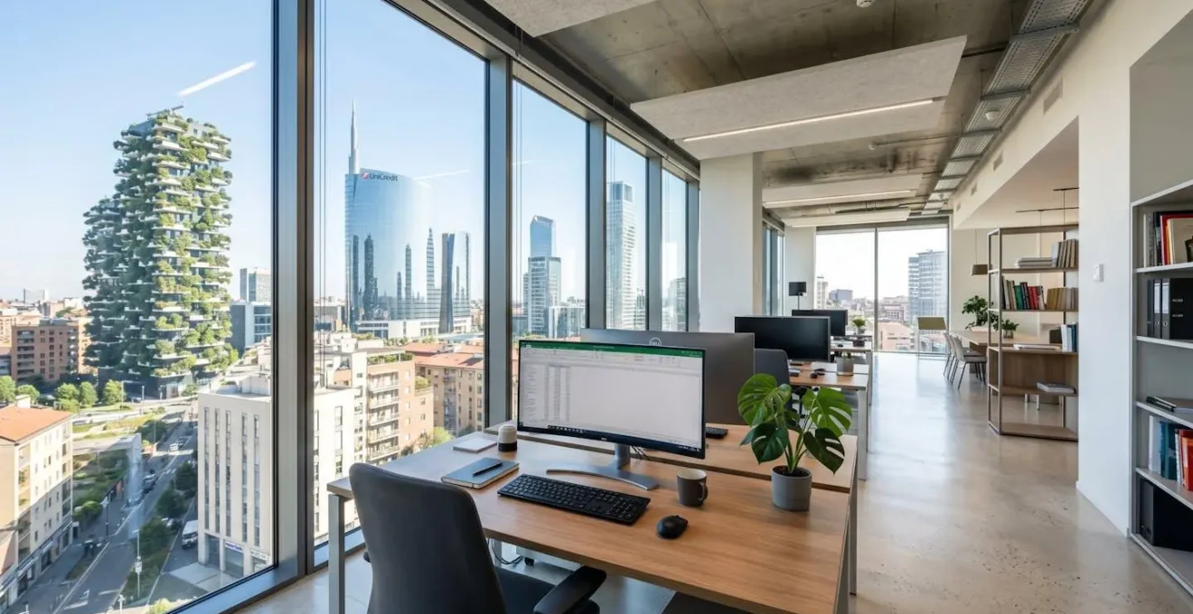 Veduta ampia di un ufficio moderno luminoso a Milano con scrivania, monitor e grande finestra che mostra lo skyline di Porta Nuova