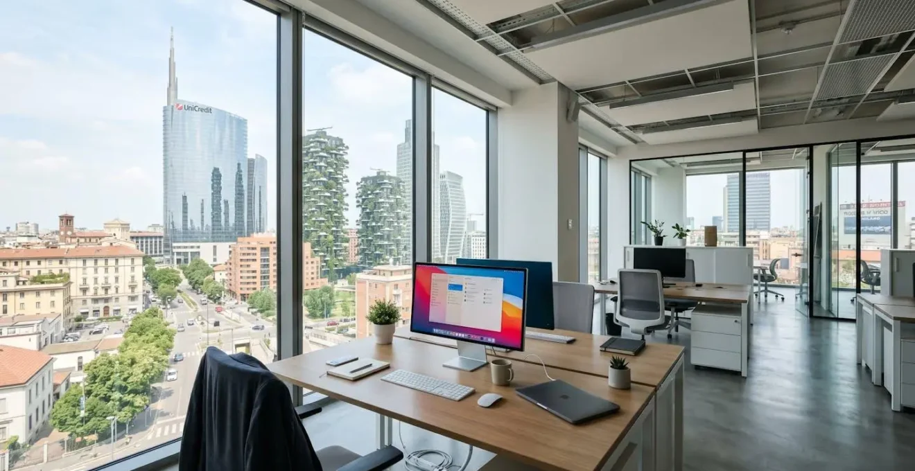 Veduta ampia di un ufficio moderno luminoso a Milano con scrivania, monitor e grande finestra che mostra lo skyline di Porta Nuova